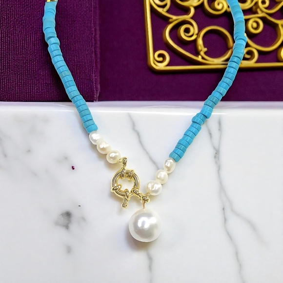 🆕Turquoise & Freshwater Pearls Beaded Necklace | 14K Gold Accents | Trendy Chic - Picture 6 of 13